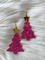 Pink Glitter Christmas Tree Earrings