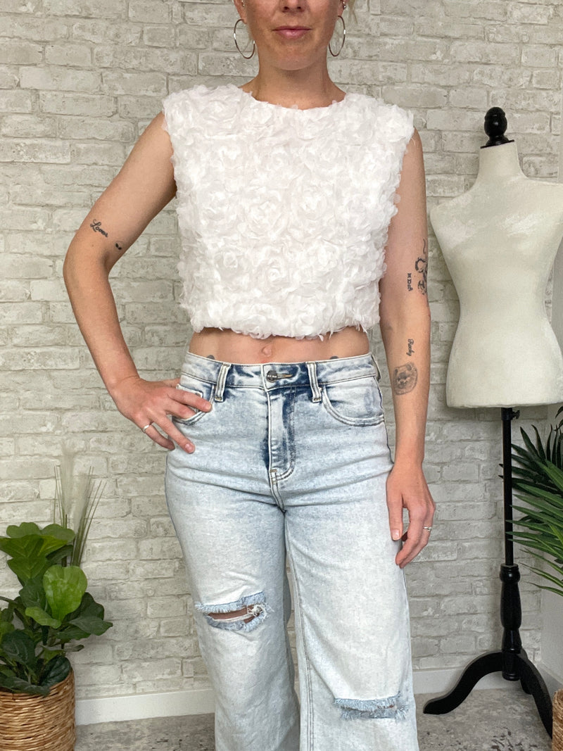 3D Floral Petal Crop Top White