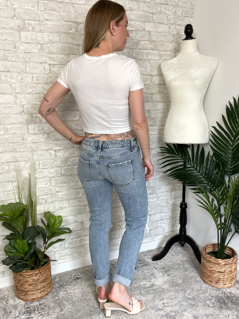 Mid-rise Distressed Girlfriend Slim Fit Denim
