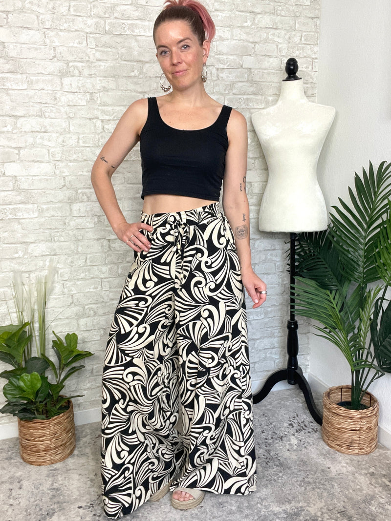 Abstract Swirls Wide Leg Pant - Black + White