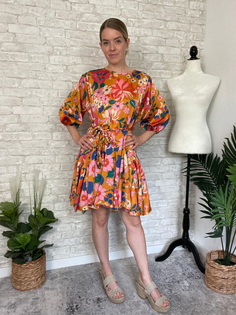 Golden Floral Satin Dress