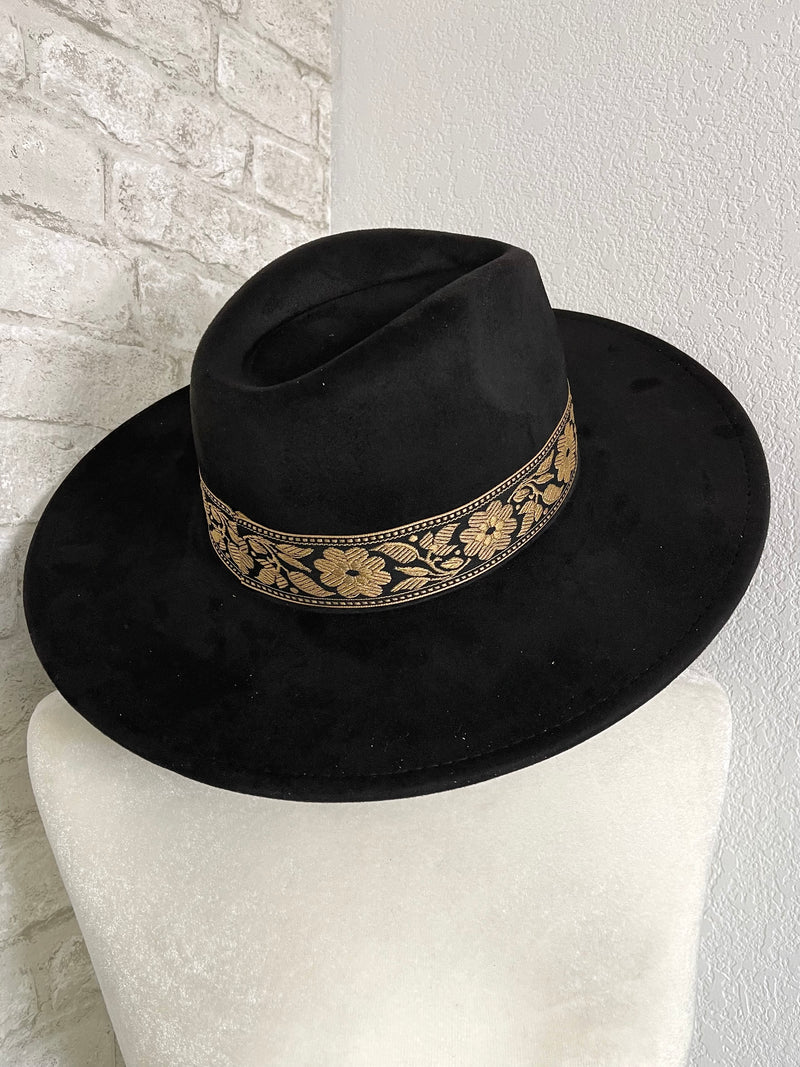 Willa Flower Band Black Wide Brim