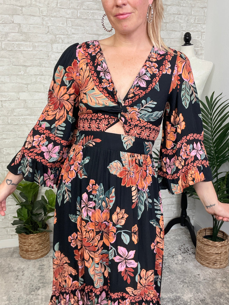 Madison Long Sleeve Twist Maxi Midnight Black+Ginger Floral