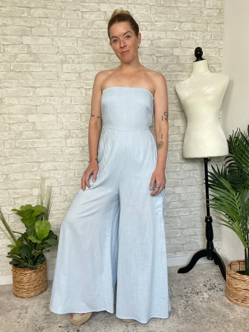 Plumeria Blue Strapless Woven Jumpsuit