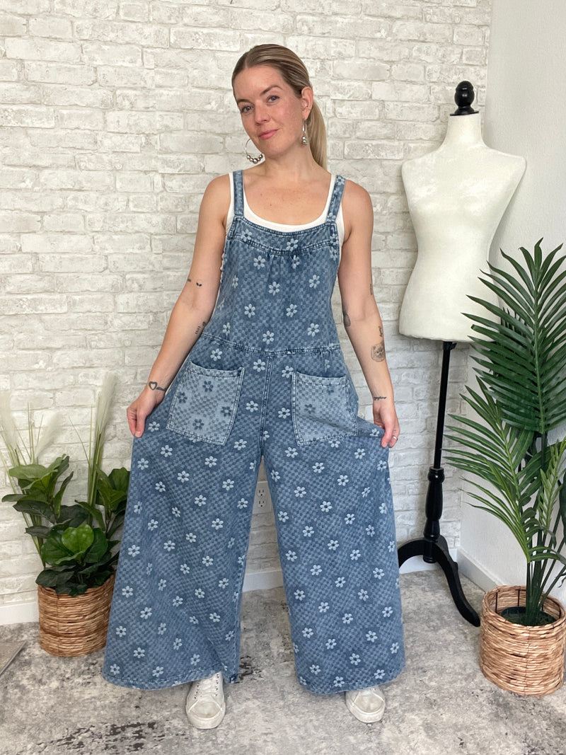 Flower Checker Print Overalls