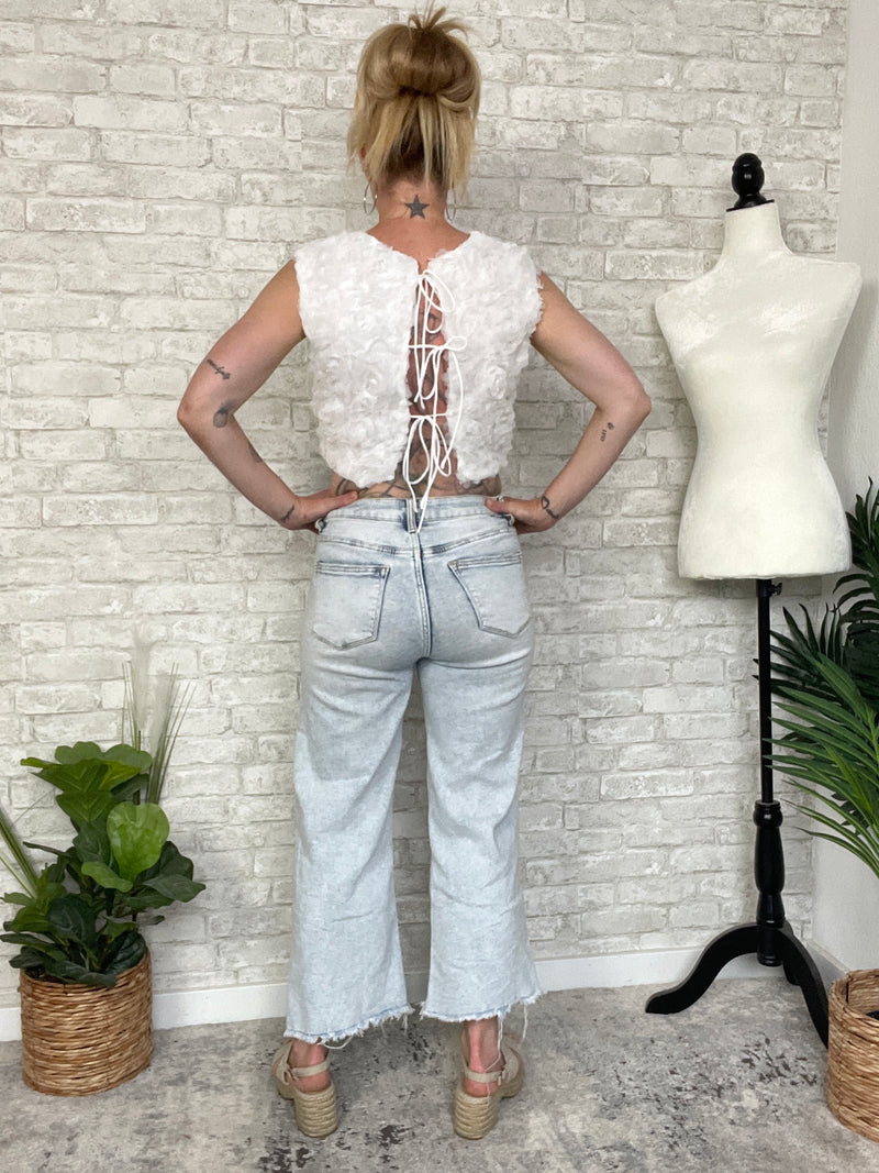 3D Floral Petal Crop Top White