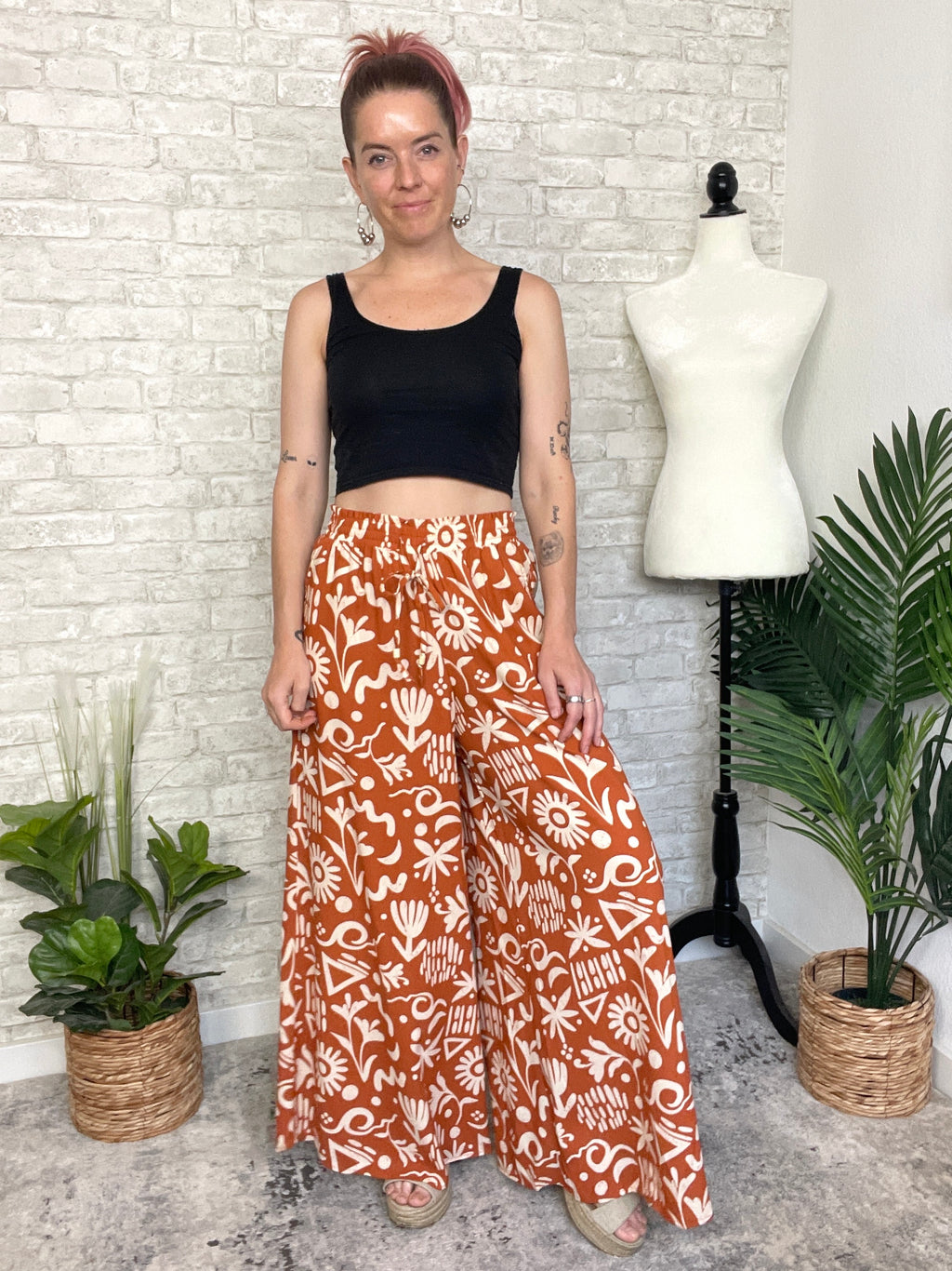 Abstract Swirls Wide Leg Pant - Ginger + Beige