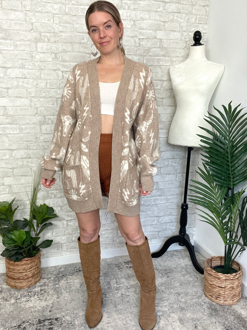 Christy Western Print Cardigan Taupe