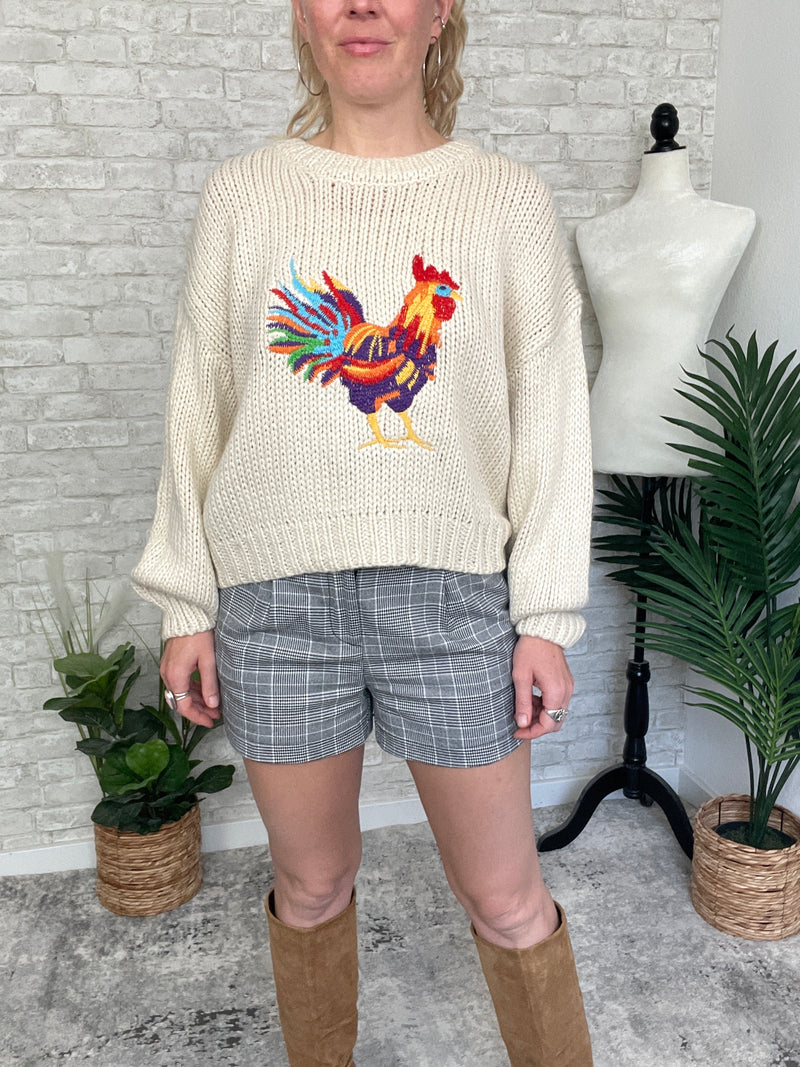 Rooster Doodle Colorful Knit Pullover