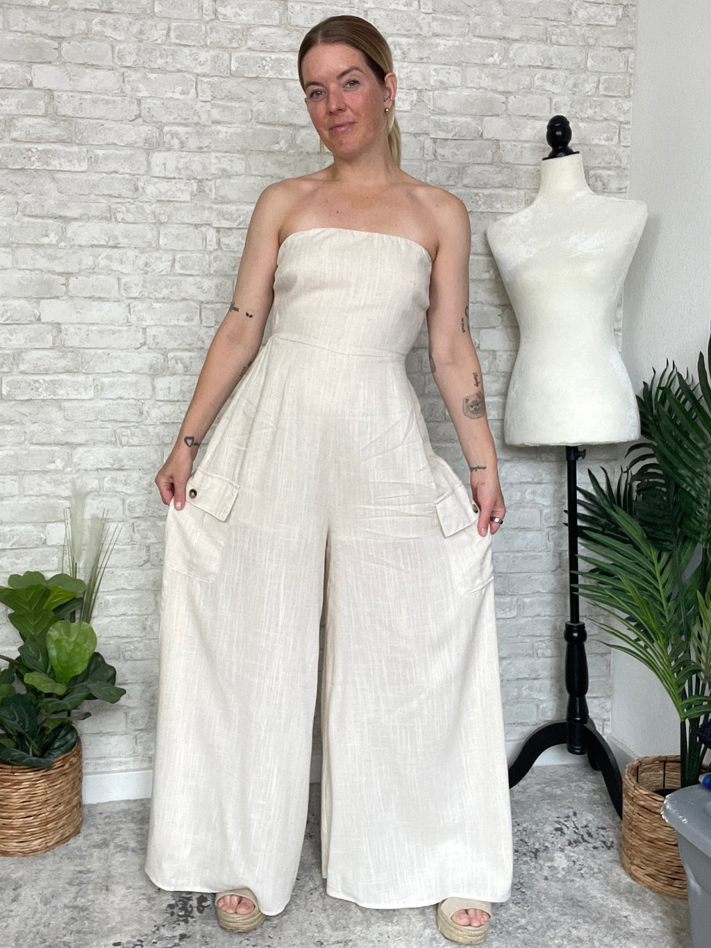 Plumeria Cream Linen Strapless Woven Jumpsuitn