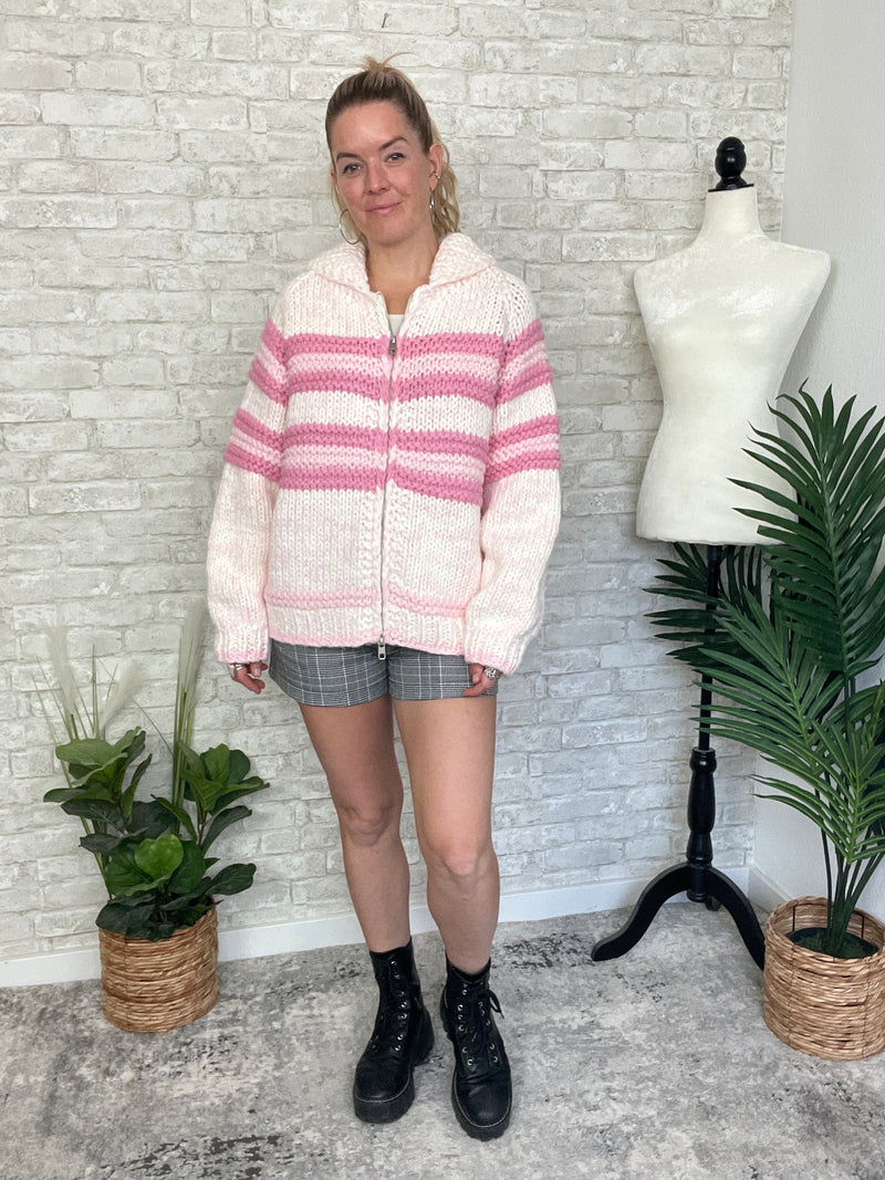Zelda Zip Up Knit Cardigan - Pink Combo