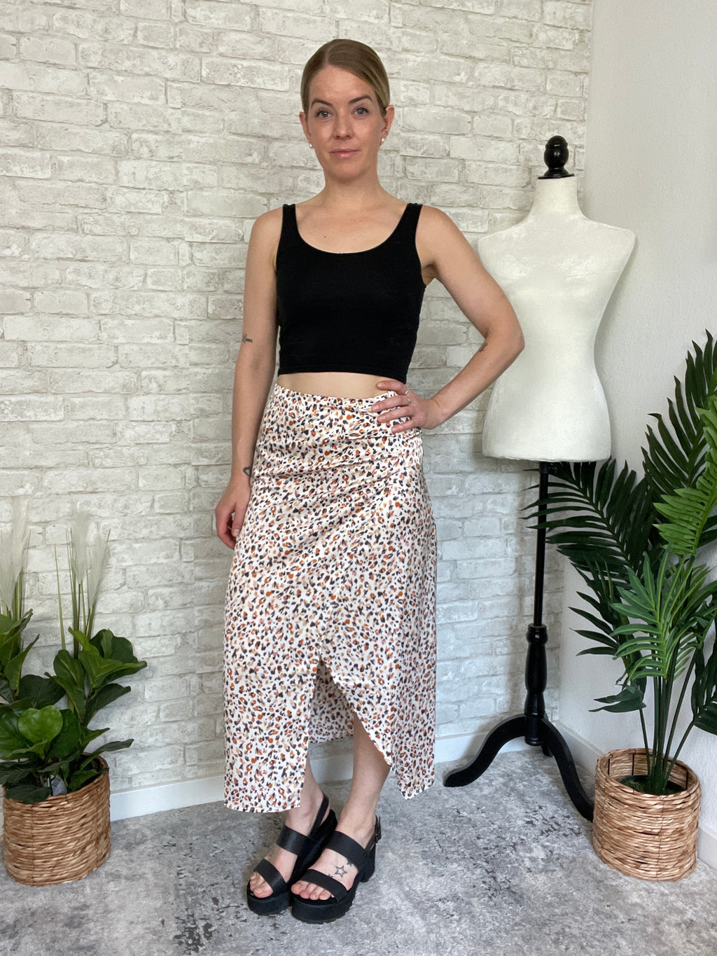 Tassy Satin Cheetah Rushed Skirt