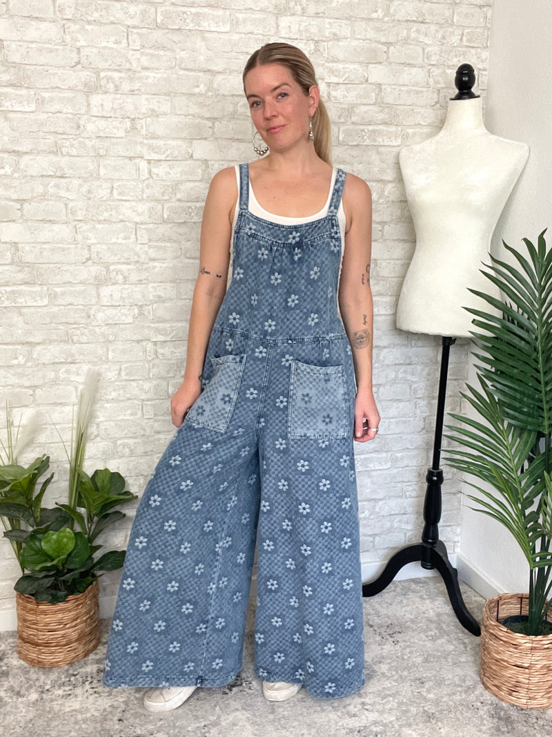 Flower Checker Print Overalls