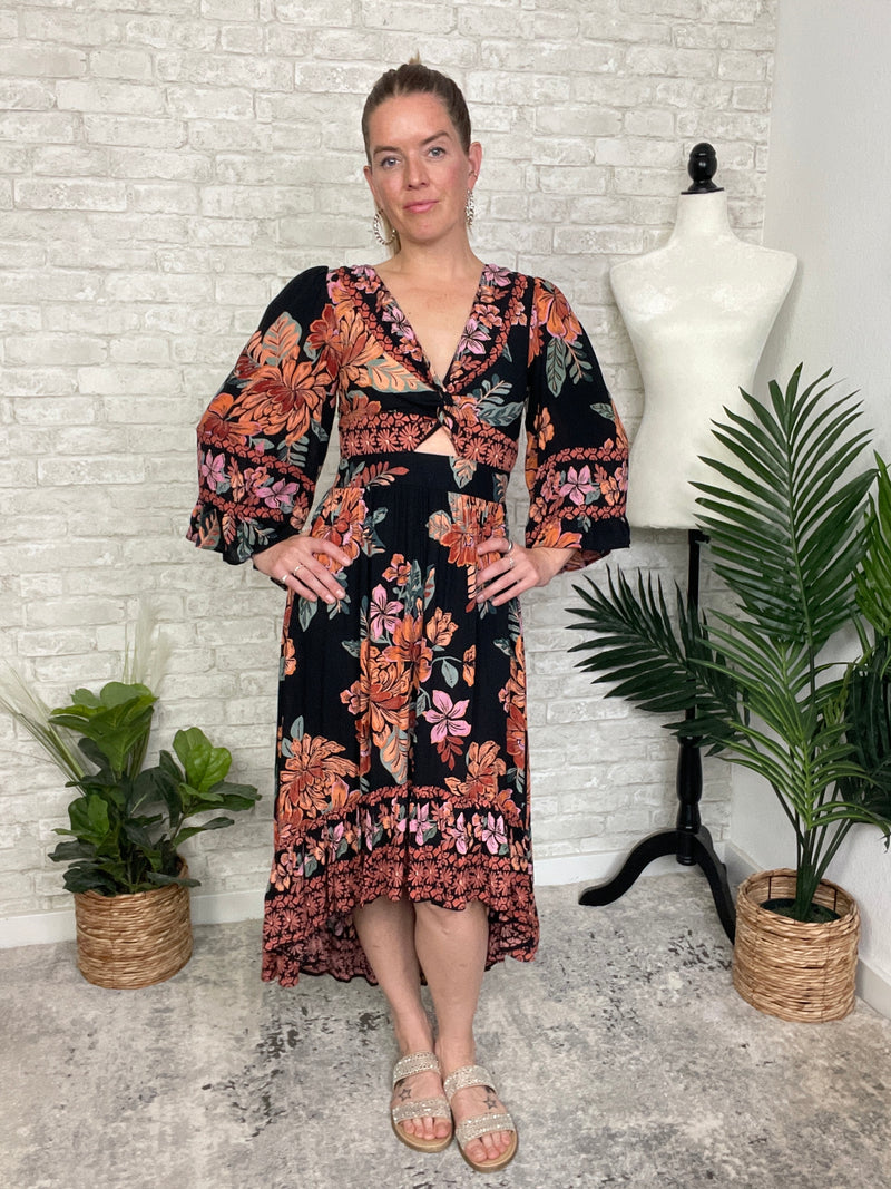 Madison Long Sleeve Twist Maxi Midnight Black+Ginger Floral
