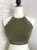 High Neck Crochet Lace Trim Olive