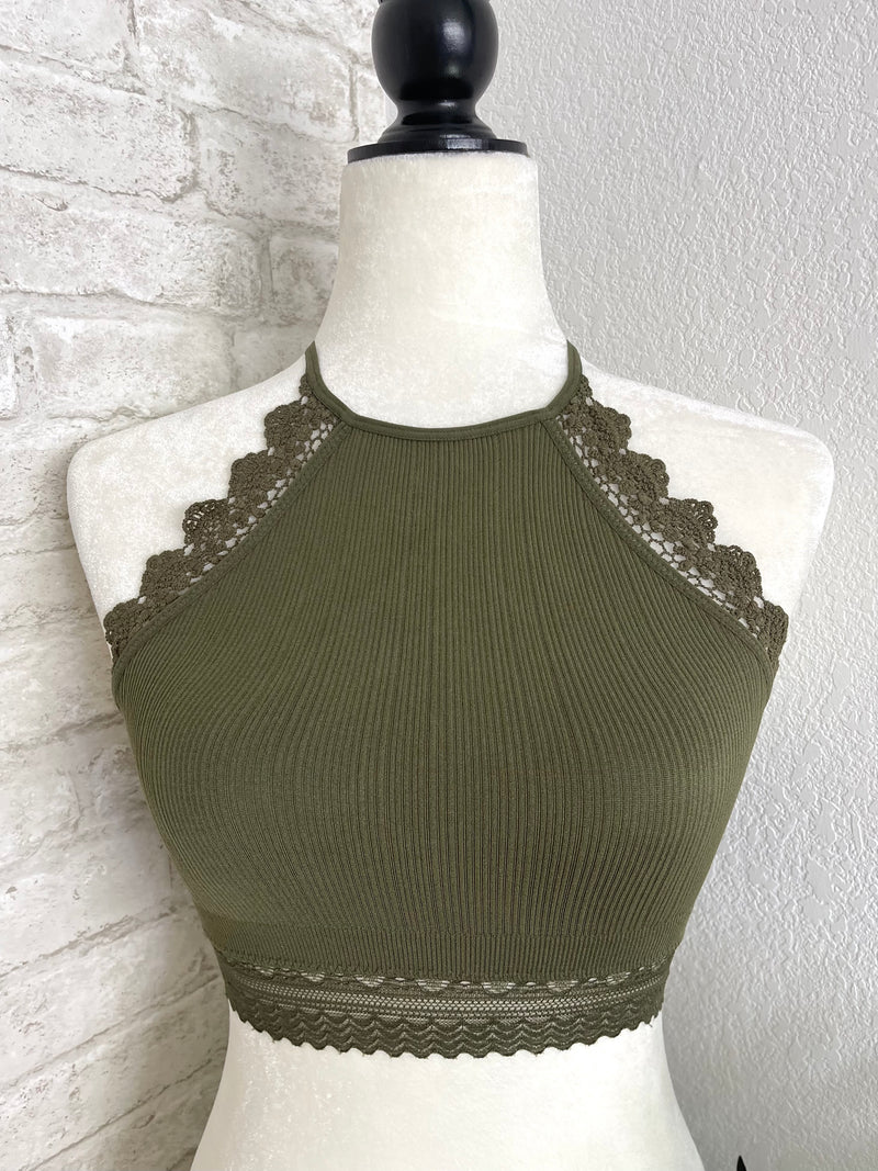 High Neck Crochet Lace Trim Olive