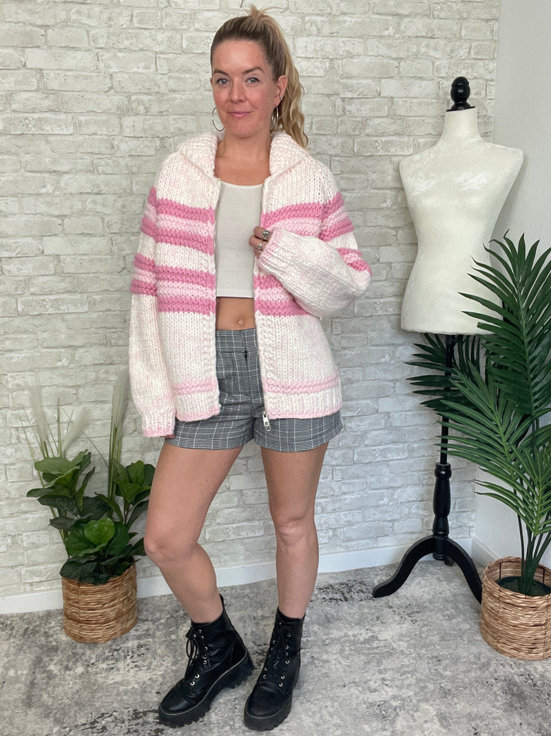 Zelda Zip Up Knit Cardigan - Pink Combo