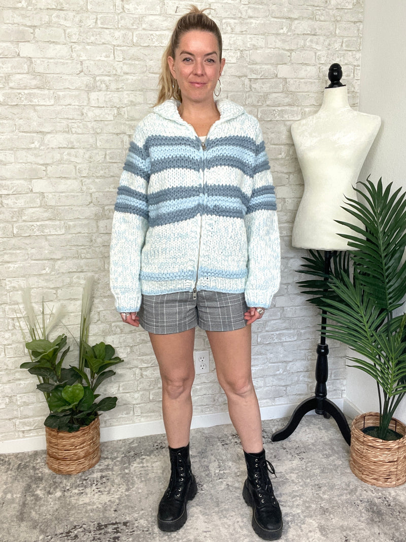 Zelda Zip Up Knit Cardigan - Blue Combo