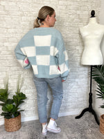 Blue Checkers Heart Print Sweater