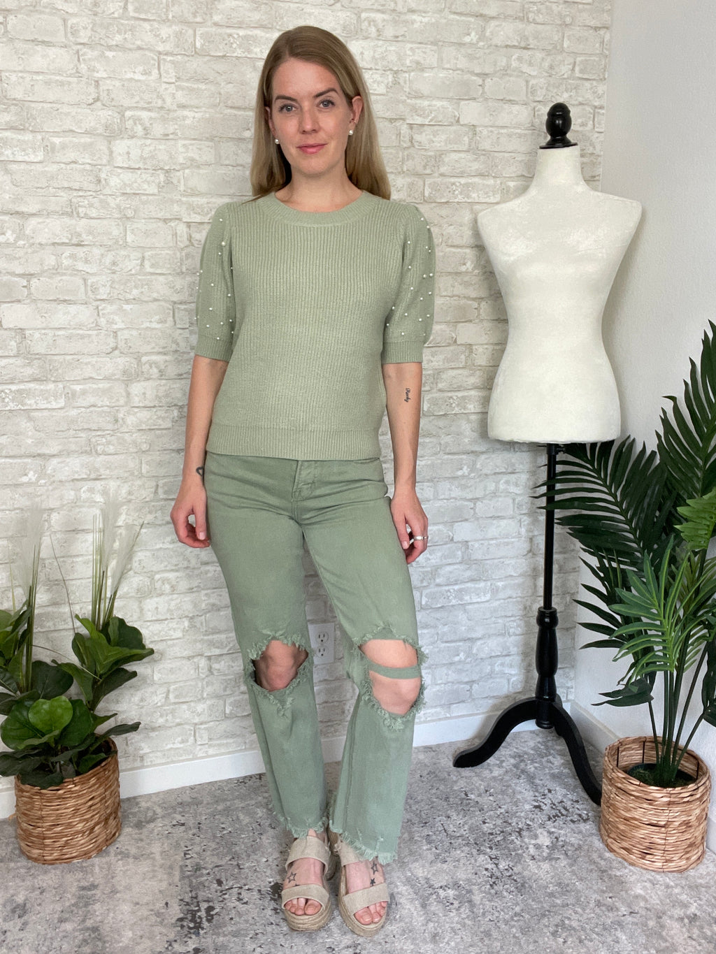 Pearl Puff Knit Top Sage