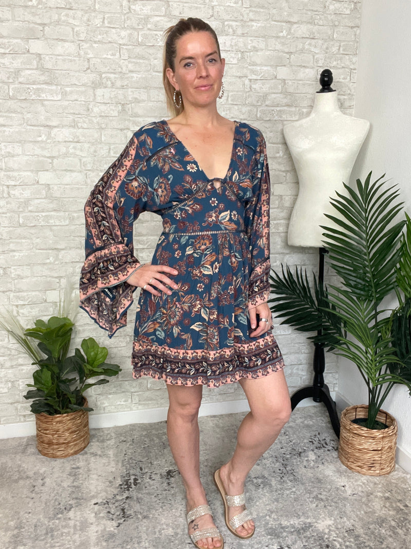 Mirabelle Teal Long Sleeve Mini Dress
