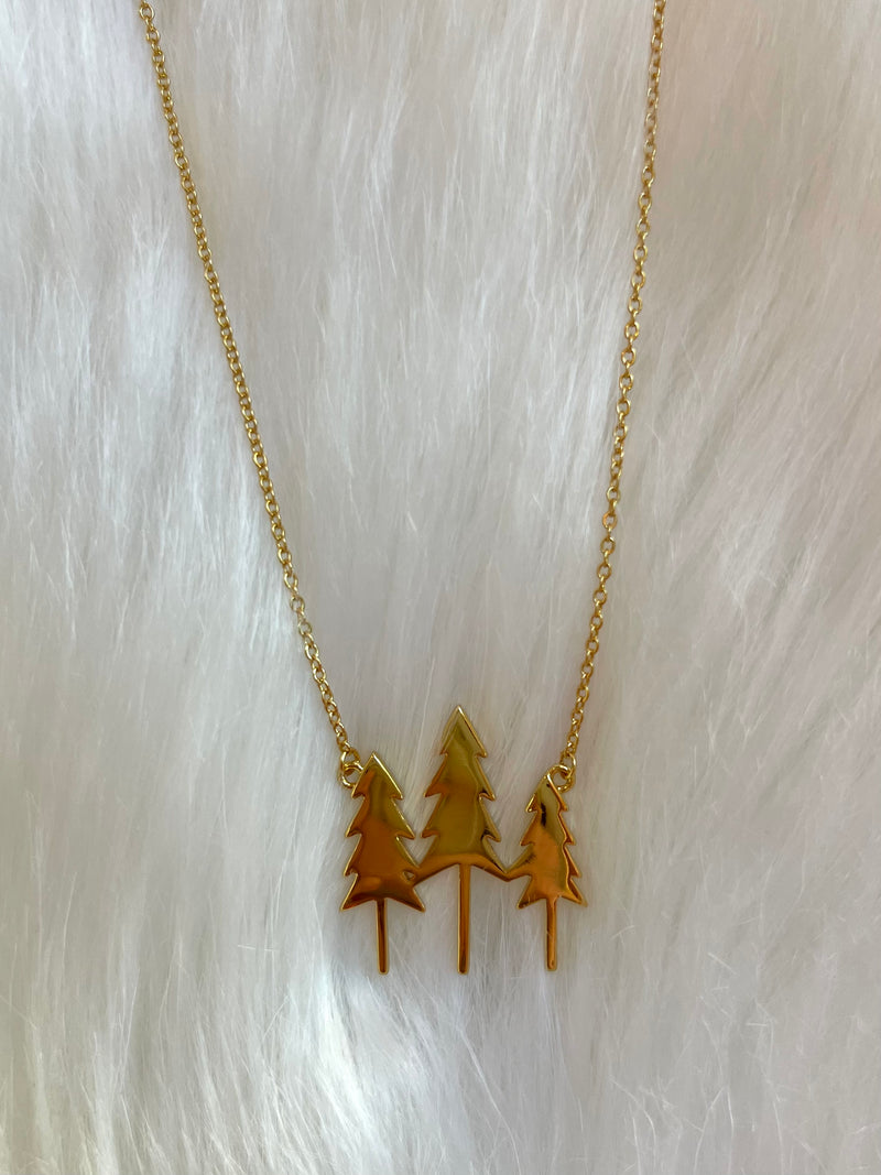 Three Tree Pendant Necklace Gold