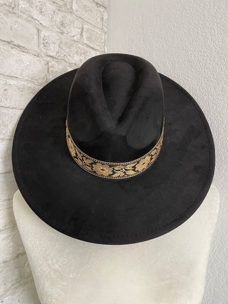 Willa Flower Band Black Wide Brim