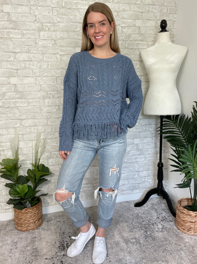 Maeve Tassel Knit Top Vintage Blue