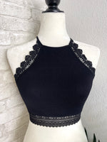 High Neck Crochet Lace Trim Black