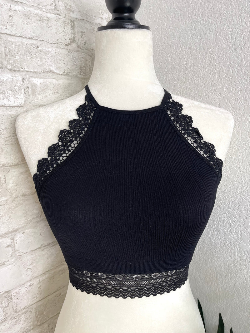 High Neck Crochet Lace Trim Black