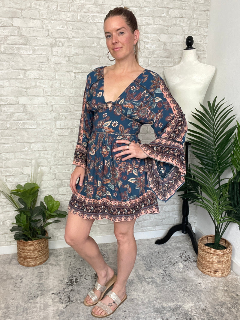 Mirabelle Teal Long Sleeve Mini Dress