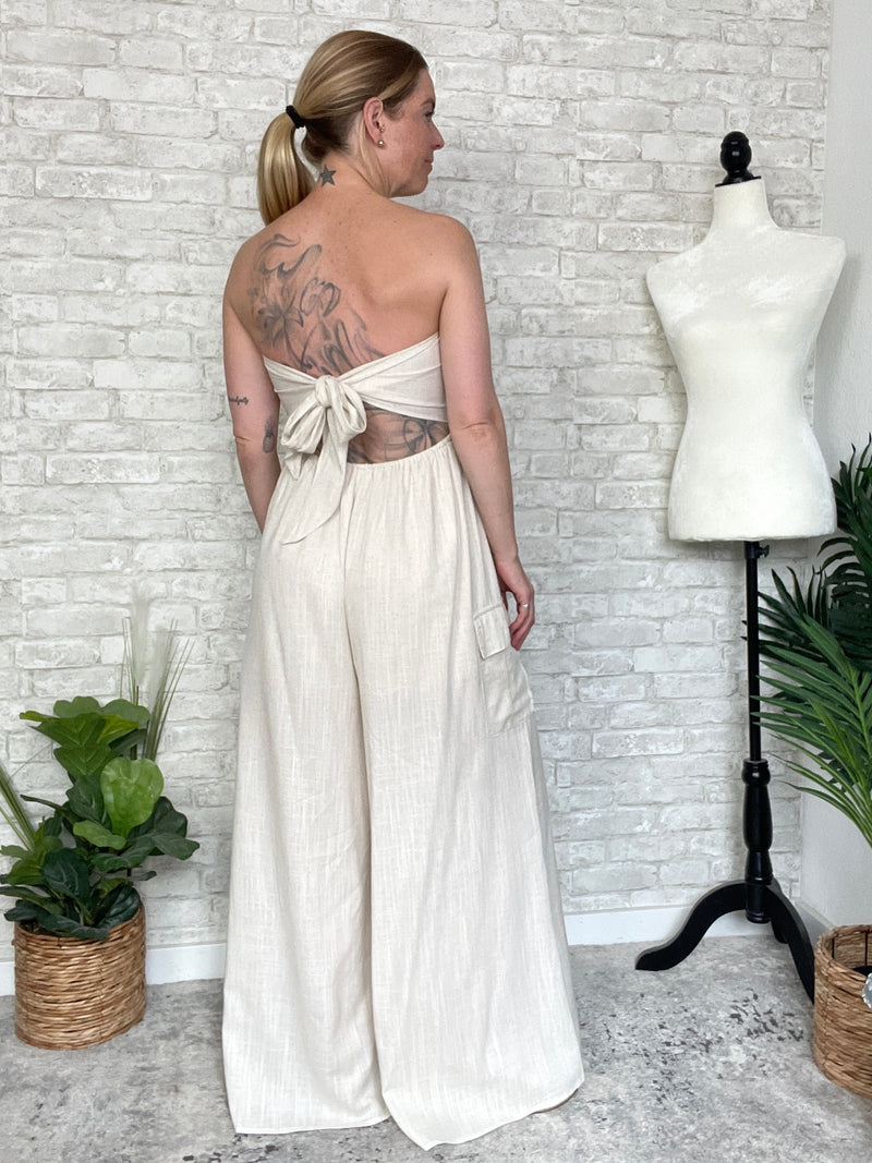 Plumeria Cream Linen Strapless Woven Jumpsuitn