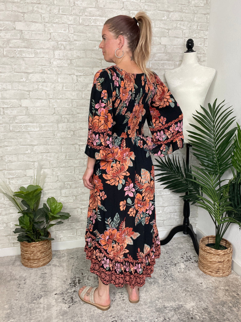 Madison Long Sleeve Twist Maxi Midnight Black+Ginger Floral