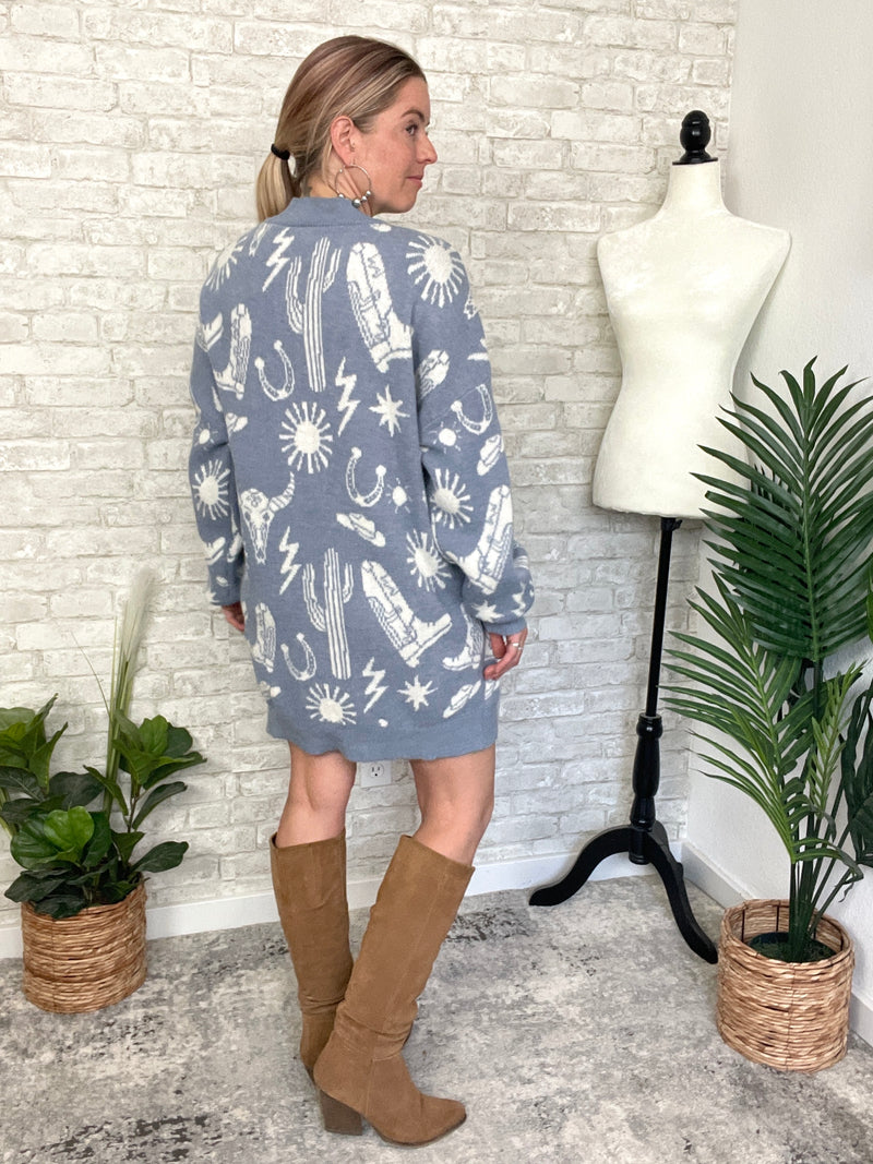 Christy Western Print Cardigan Blue