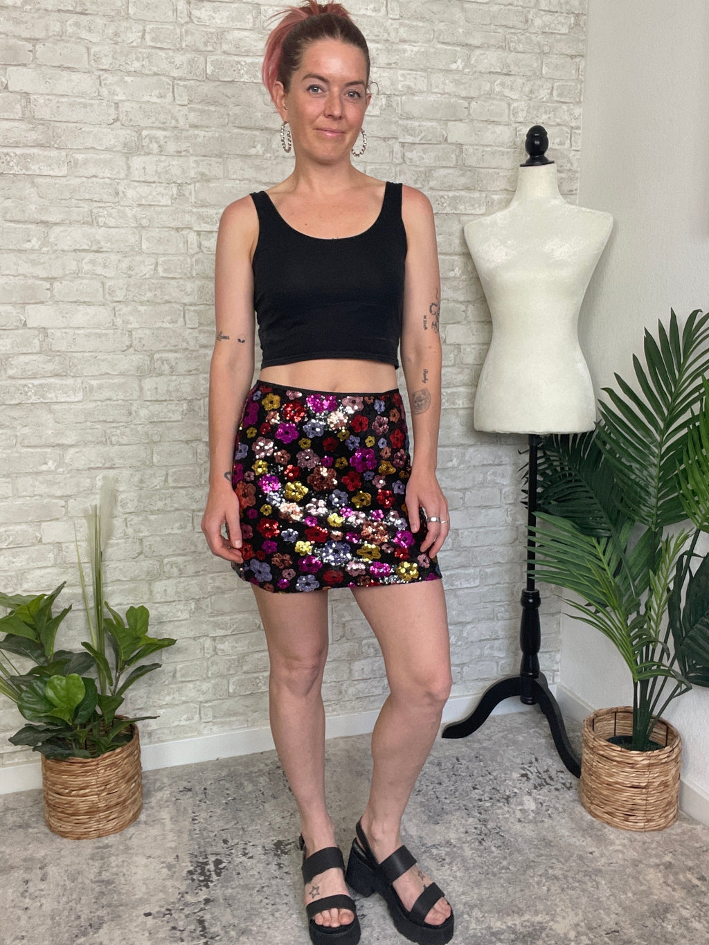 Sequin Rainbow Floral Mini Skirt