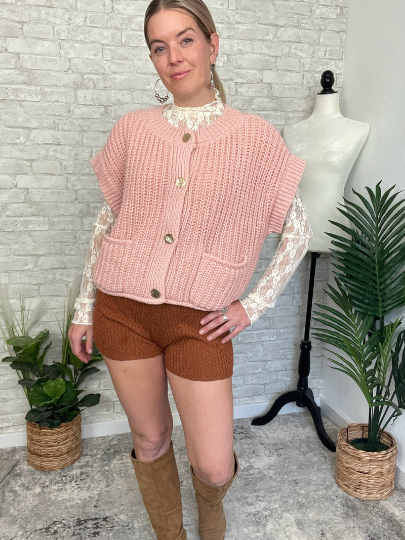 Lanny Short Sleeve Button-Up Cardigan Pink