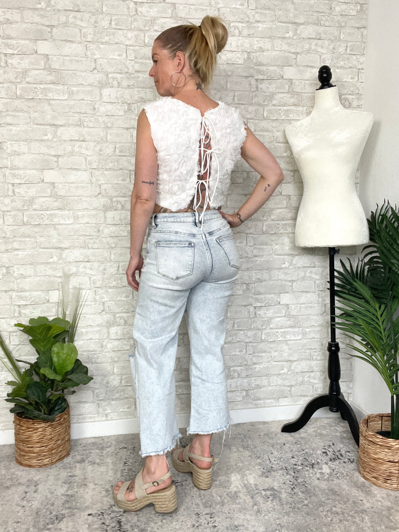 3D Floral Petal Crop Top White