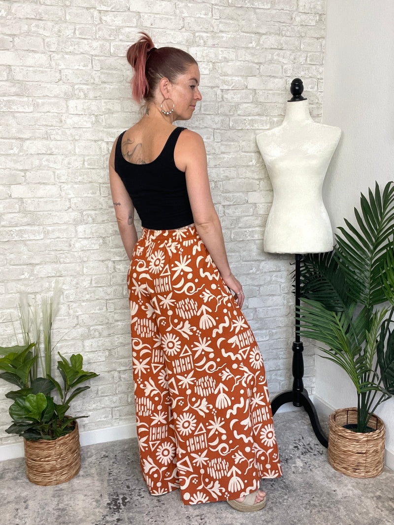 Abstract Swirls Wide Leg Pant - Ginger + Beige