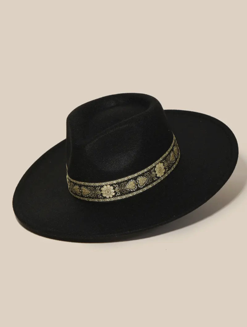 Willa 2.0 Gold Flower Band Black Wide Brim