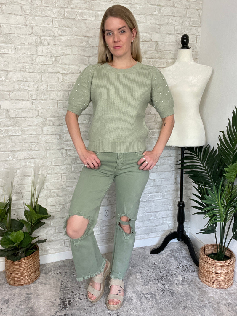 Pearl Puff Knit Top Sage