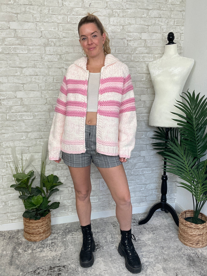 Zelda Zip Up Knit Cardigan - Pink Combo