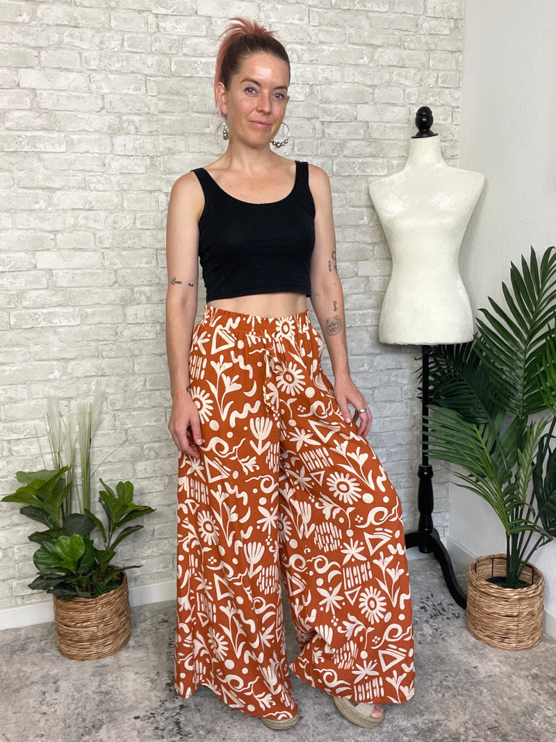 Abstract Swirls Wide Leg Pant - Ginger + Beige
