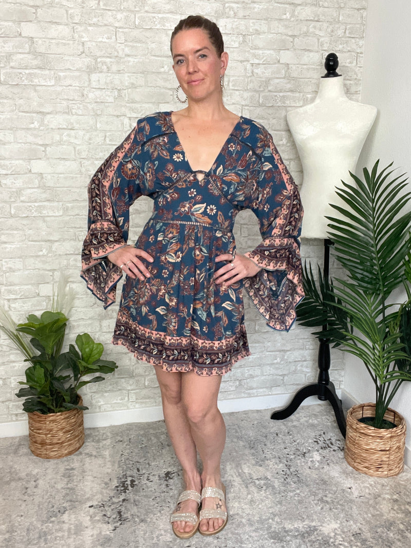 Mirabelle Teal Long Sleeve Mini Dress