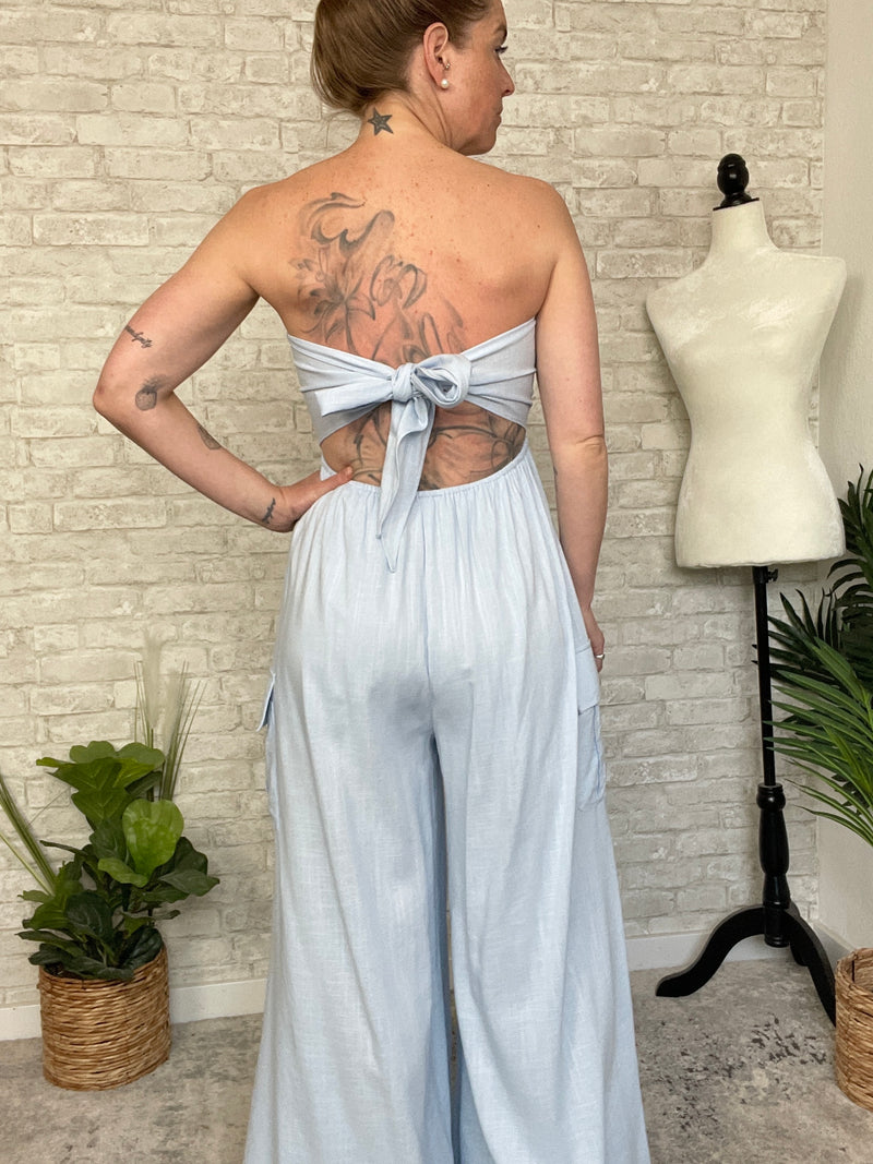 Plumeria Blue Strapless Woven Jumpsuit