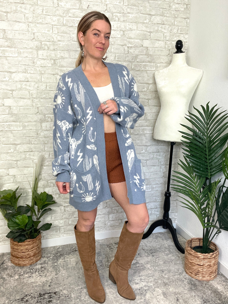 Christy Western Print Cardigan Blue