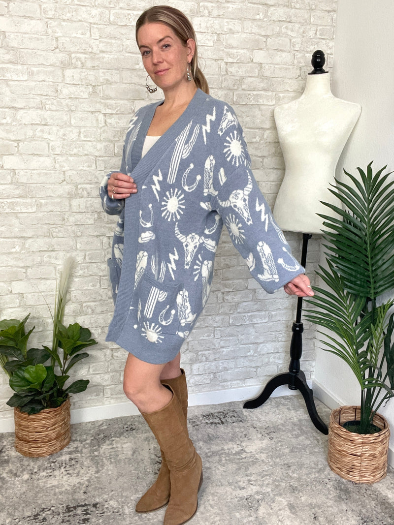 Christy Western Print Cardigan Blue