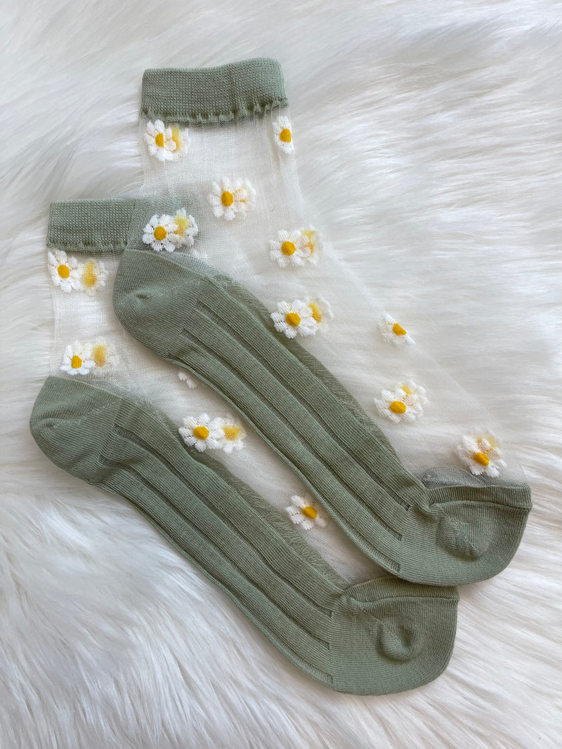Sheer Floral Socks - Sage