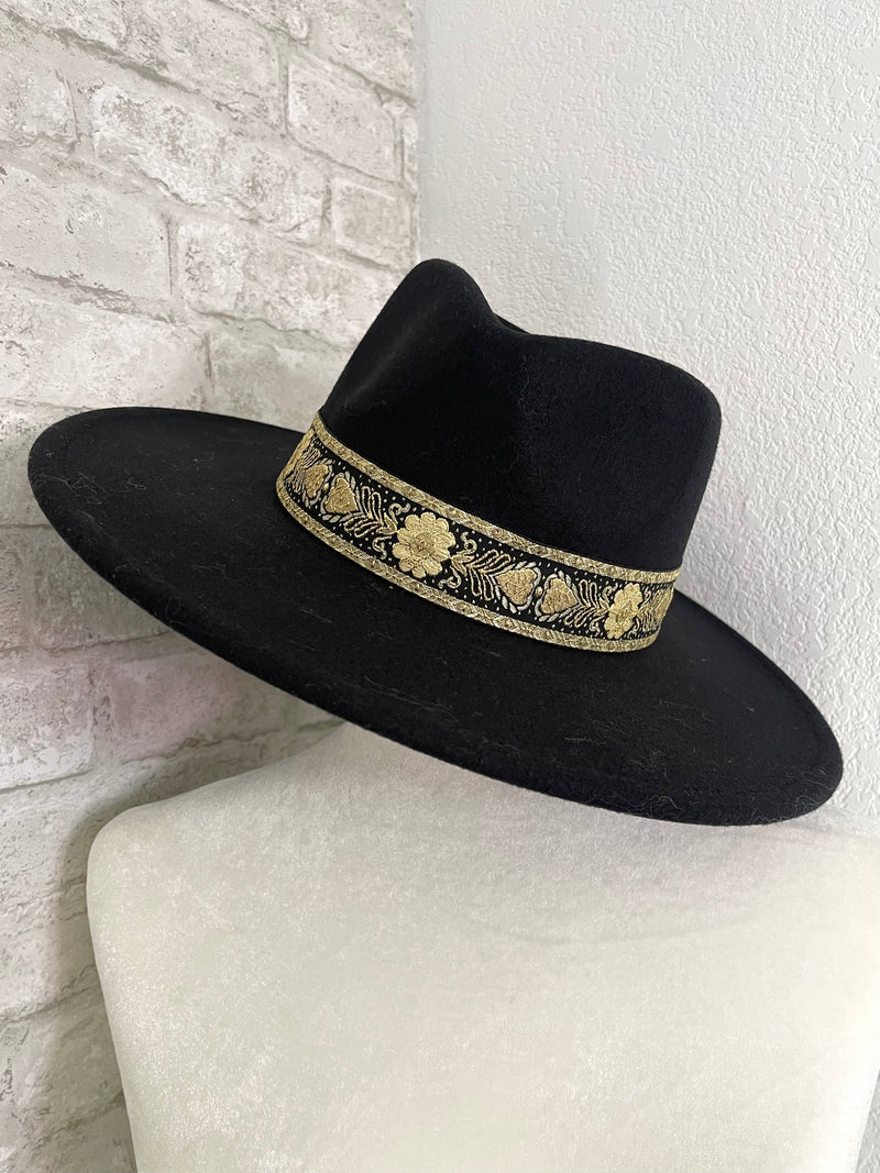 Willa 2.0 Gold Flower Band Black Wide Brim