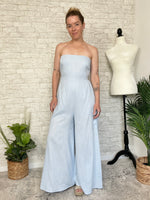 Plumeria Blue Strapless Woven Jumpsuit