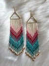 Triangle Seed Bead Tassel Earrings Pink+ Blue